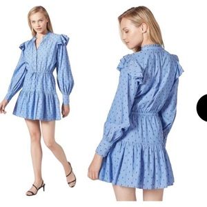 Joie Blue Monesa Ruffle Cotton Denim Chambray Long Sleeves Casual Dress